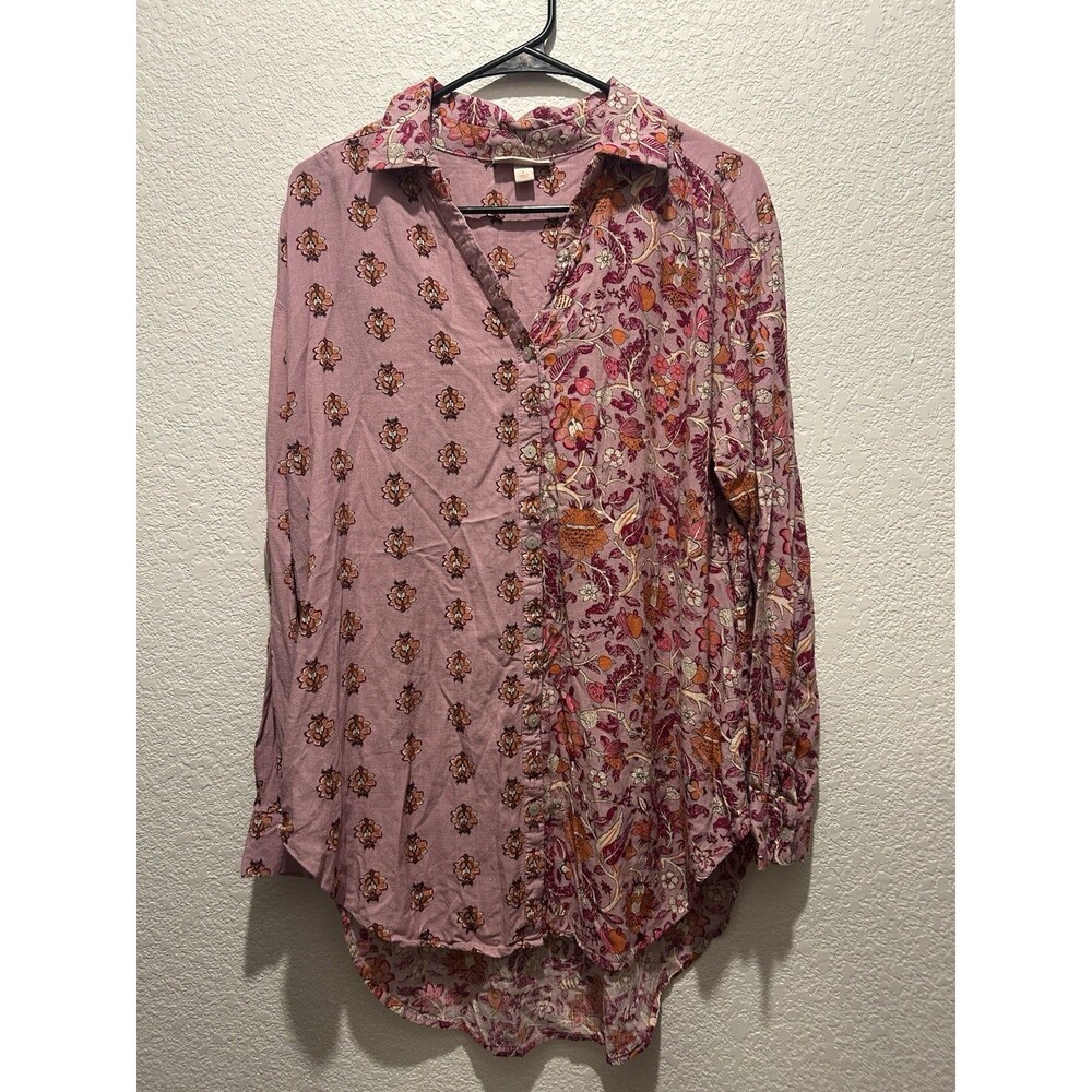 Knox Rose Top Women Large Pink Woodland Florals Button Up Linen Blend Asymmetric